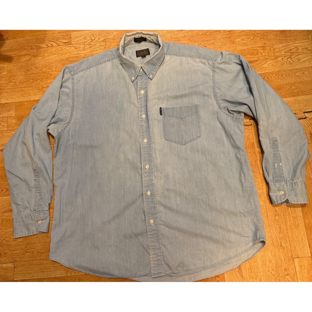 Chaps Ralph Lauren Mens Light Wash Denim Cotton Button Down Shirt 17.5 34/35